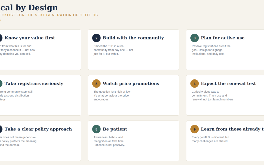 Checklist graphic: nine practical tips for launching a geoTLD, from knowing your value to learning from other operators